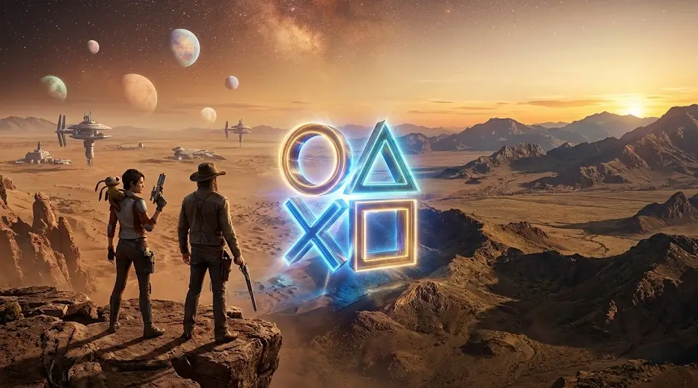 Personajes de Star Wars Outlaws (Kay Vess y Nix) y Red Dead Redemption 2 (Arthur Morgan) de pie en un acantilado frente a un gran símbolo central flotante de PlayStation en un paisaje desértico.