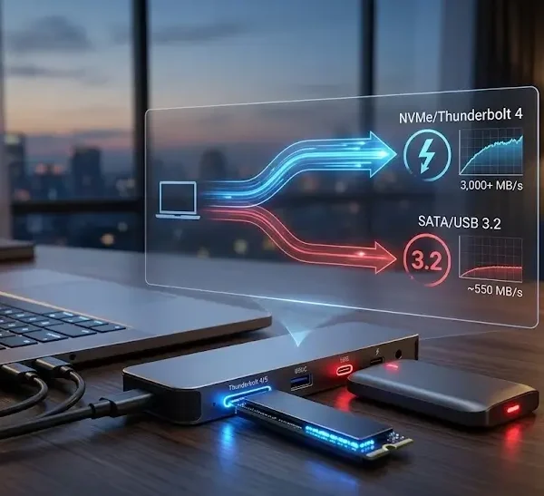 Infografía de SSDs externos 2026 mostrando velocidades de NVMe (Thunderbolt) y SATA (USB).