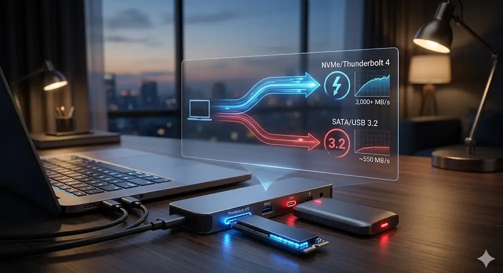 Infografía de SSDs externos 2026 mostrando velocidades de NVMe (Thunderbolt) y SATA (USB).