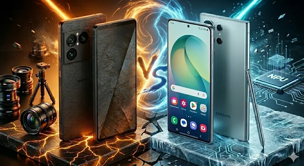 Comparación visual de smartphones de alta gama: Sony Xperia 1 VIII y el Samsung Galaxy S26 Ultra