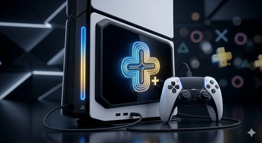 Consola de juegos futurista con controlador DualSense y gran símbolo de PlayStation Plus iluminado. Sony sube el precio de PlayStation Plus.