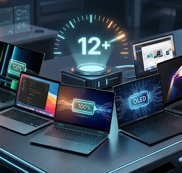 arias laptops modernas de Apple, Dell, Lenovo y Samsung sobre un escritorio tecnológico, con gráficos holográficos que indican '12+', '100%' y 'OLED', destacando su larga duración de batería para el año 2026.