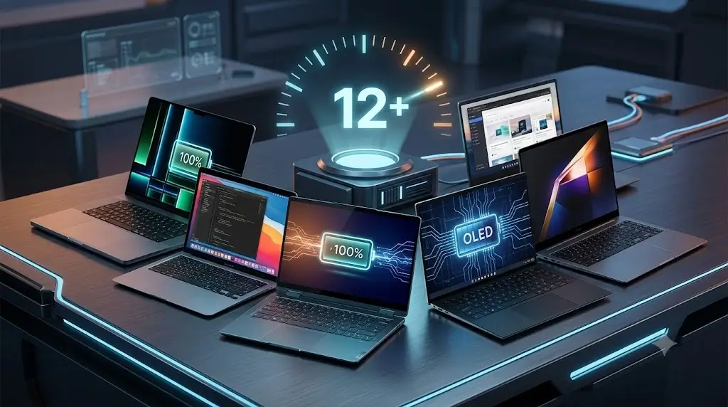 arias laptops modernas de Apple, Dell, Lenovo y Samsung sobre un escritorio tecnológico, con gráficos holográficos que indican '12+', '100%' y 'OLED', destacando su larga duración de batería para el año 2026.