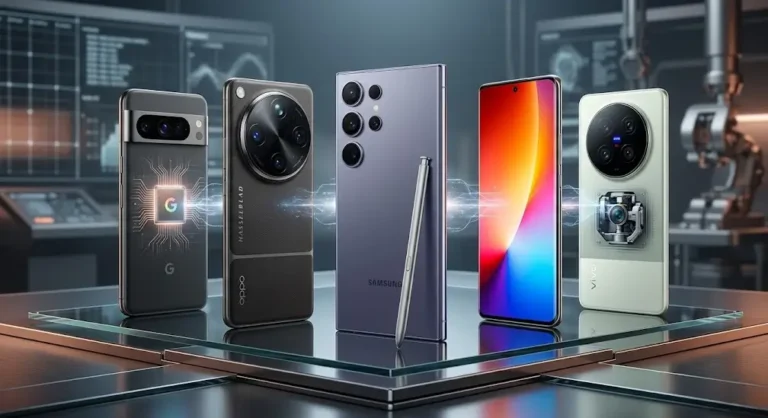 Comparativa de los mejores smartphones Android gama alta 2026: Samsung Galaxy S26 Ultra, Google Pixel 10 Pro, OPPO, VIVO y Honor.