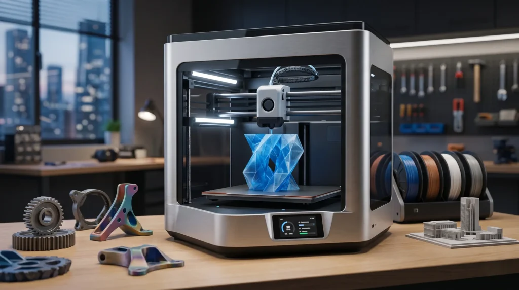 Portada de blog que muestra una impresora 3D de alta tecnología en un entorno doméstico moderno, imprimiendo una pieza geométrica azul translúcida con acabado profesional y cinematográfico.