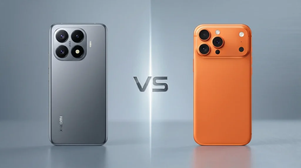 Comparativa de diseño trasero: Xiaomi vs. teléfono naranja de tres cámaras traseras.