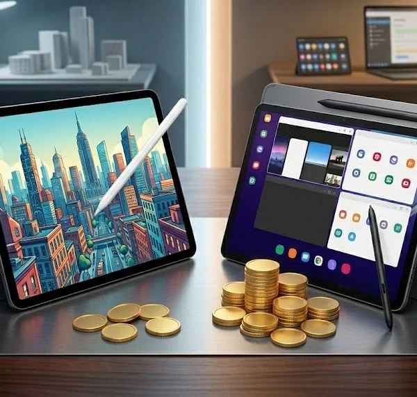Comparativa de tabletas iPad Air M4 y Samsung Galaxy Tab S11 con sus lápices ópticos y monedas sobre un escritorio.