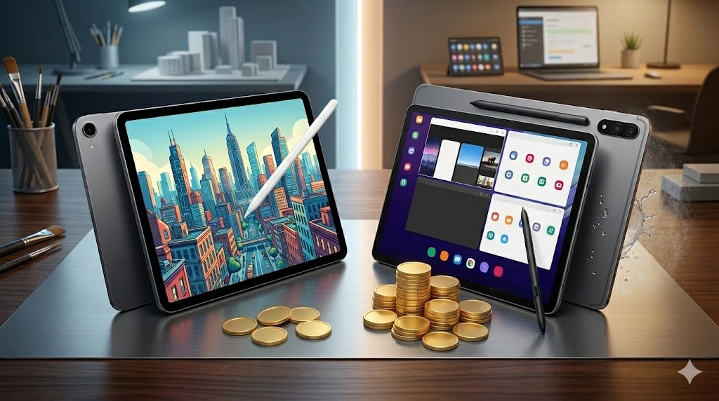 Comparativa de tabletas iPad Air M4 y Samsung Galaxy Tab S11 con sus lápices ópticos y monedas sobre un escritorio.