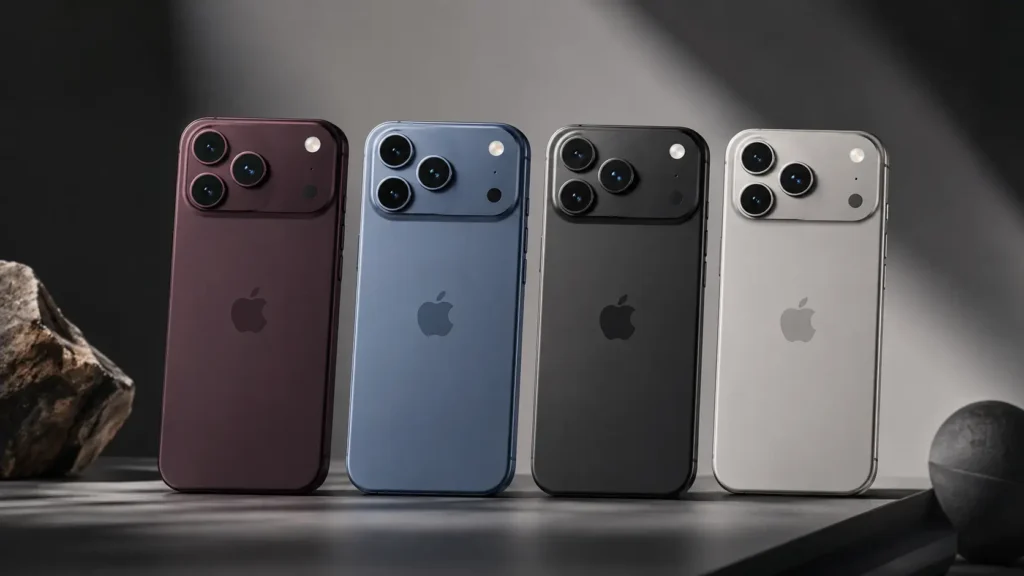 Render del iPhone 17 Pro con colores Dark Cherry, Light Blue, Dark Gray y Silver, diseño premium con módulo de cámaras integrado