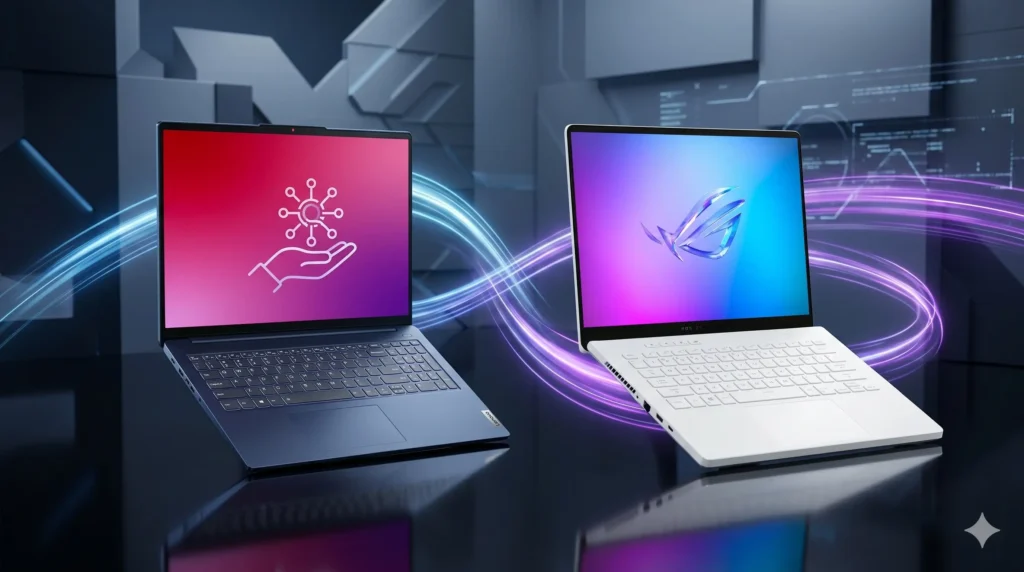Comparativa de laptops premium: ASUS ROG Zephyrus G14 vs Lenovo Legion Slim 5 blanca en un entorno tecnológico futurista con iluminación cinemática.
