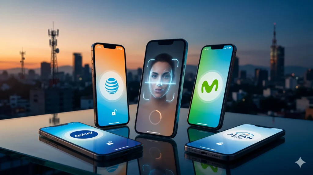 Teléfonos inteligentes con logos de Telcel, AT&T, Movistar y Altán mostrando validación facial para el registro obligatorio de CURP por el apagón móvil en México 2026.