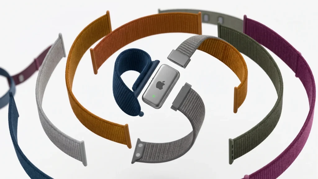 Concepto viral de Apple Loop Band: múltiples correas de nylon de colores dispuestas en espiral alrededor de un módulo central metálico.