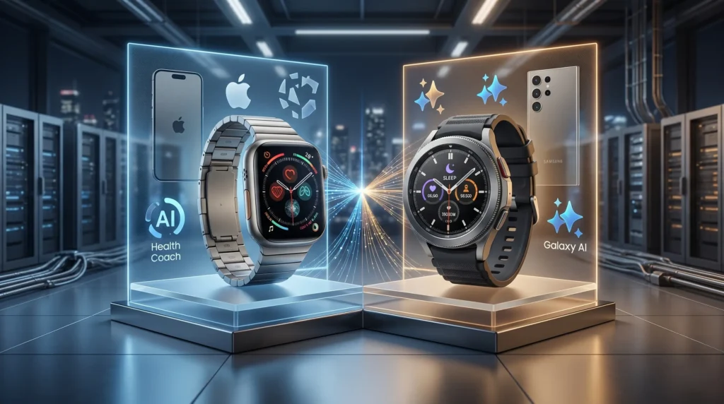 Comparación de relojes inteligentes de IA: un Apple Watch (AI Health Coach) y un Samsung Galaxy Watch (Galaxy AI) enfrentados en un centro de datos futurista con un haz de luz de IA central.