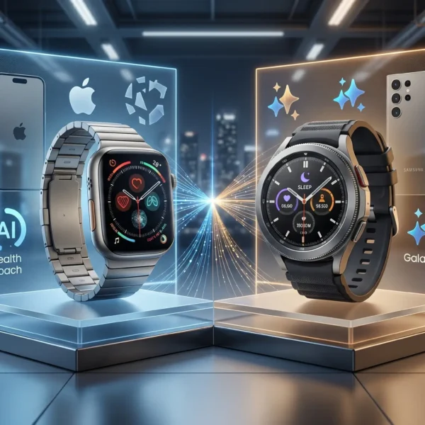 Comparación de relojes inteligentes de IA: un Apple Watch (AI Health Coach) y un Samsung Galaxy Watch (Galaxy AI) enfrentados en un centro de datos futurista con un haz de luz de IA central.