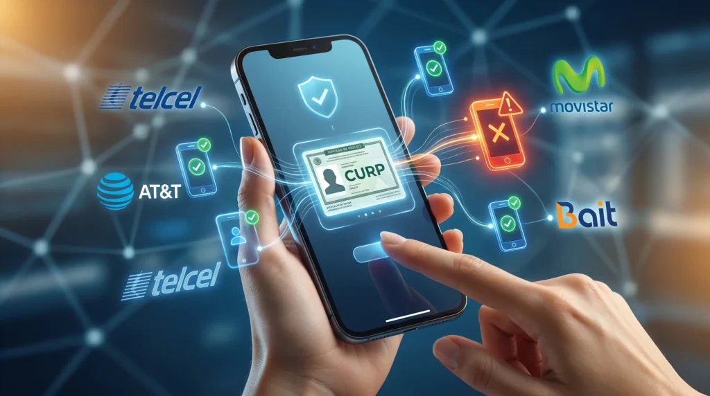 Interfaz móvil para consultar líneas telefónicas registradas con la CURP en México, mostrando logotipos de Telcel, AT&T, Movistar y Bait. Se resalta una línea no reconocida con una X roja y una señal de advertencia.