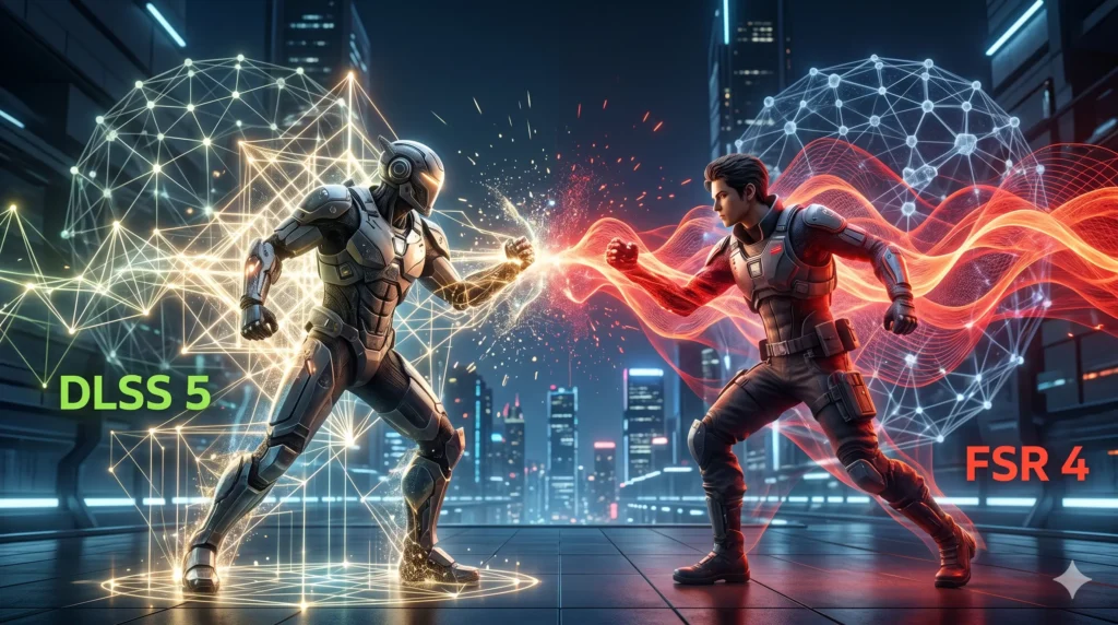 Una ilustración cinematográfica 16:9 que muestra un duelo tecnológico entre dos figuras de energía en una ciudad futurista, representando la batalla visual entre DLSS 5 y FSR 4 en el gaming de 2026.