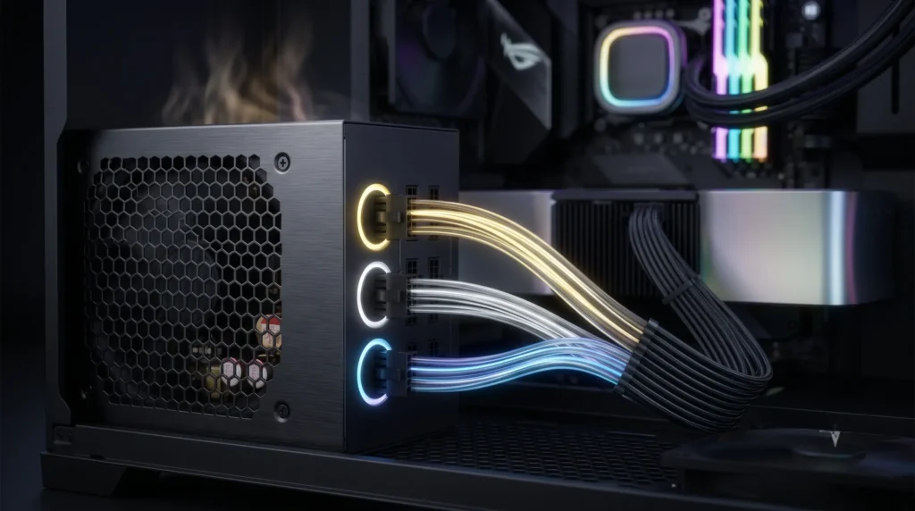 Fuente de alimentación modular de PC premium con cables de alimentación de colores dorado, plateado y azul, que representan las certificaciones 80 Plus Gold, Platinum y Titanium.