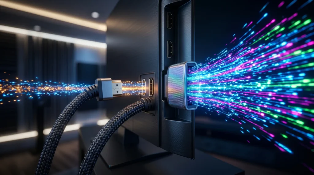 Comparativa visual de ancho de banda entre cables y puertos HDMI 2.1 vs HDMI 2.0 conectados a un televisor 4K a 120Hz.