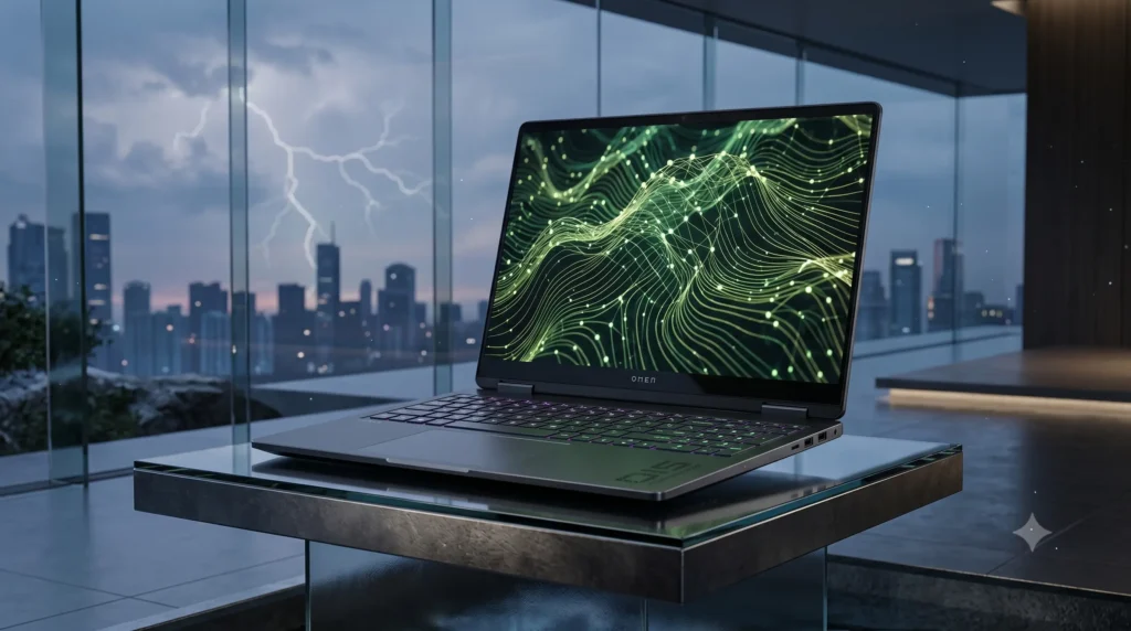 Portada de blog de tecnología que muestra la laptop HP OmniBook Ultra 16 con una pantalla de arte digital fluido en verde neón, situada sobre un escritorio minimalista con una ciudad futurista y relámpagos de fondo.