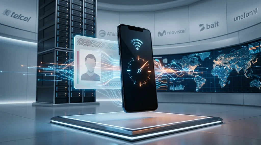 Imagen de portada de blog tecnológica: visualización del registro obligatorio de líneas móviles en México con CURP. Un smartphone con un cronómetro y una identificación digital flotan en un centro de datos con logotipos de Telcel, AT&T, Movistar, Bait y Unefon.