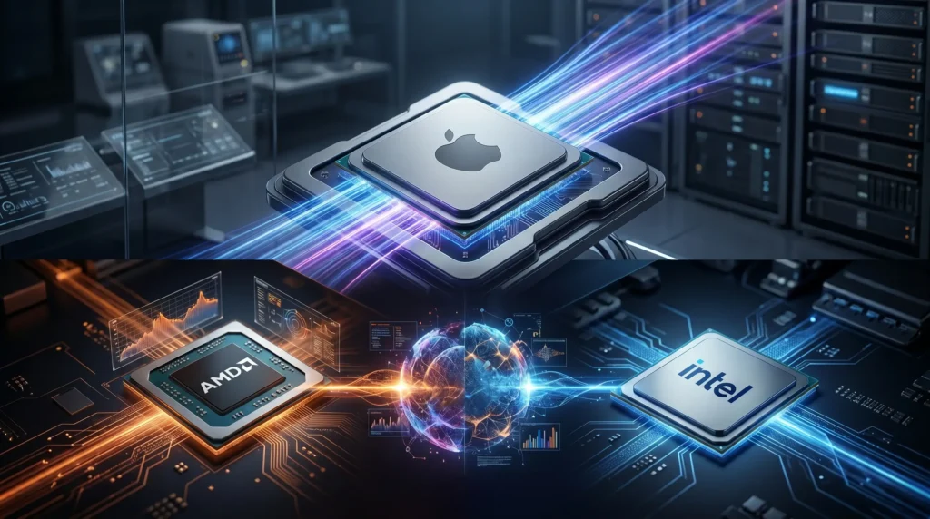 Portada de Rallynomics: Comparativa de procesadores para IA local mostrando los chips Apple M5, AMD Ryzen AI 300 e Intel Core Ultra.
