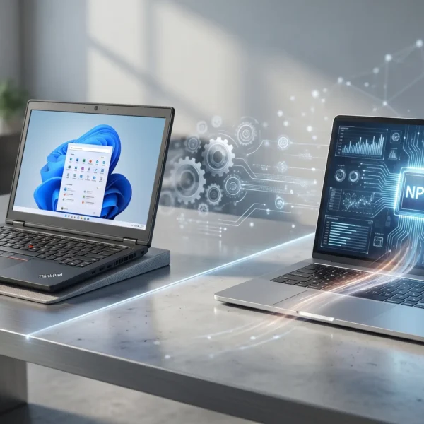 Portada de blog que muestra una comparativa visual entre una laptop empresarial reacondicionada y una laptop de última generación con procesador NPU y funciones de IA avanzadas en un entorno de oficina moderno.
