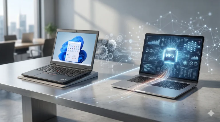 Portada de blog que muestra una comparativa visual entre una laptop empresarial reacondicionada y una laptop de última generación con procesador NPU y funciones de IA avanzadas en un entorno de oficina moderno.