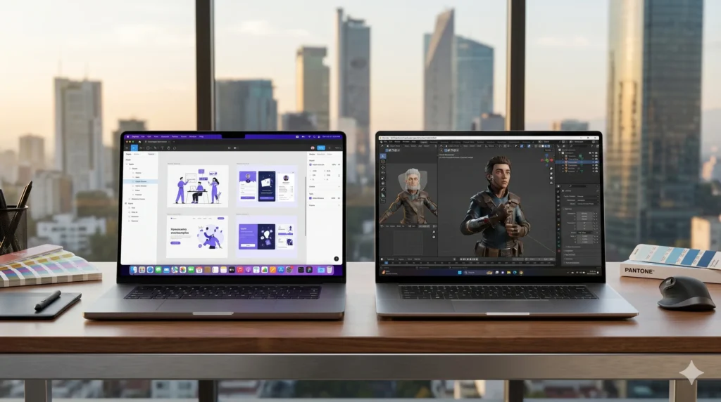 Laptops para diseño gráfico 2026: comparativa entre MacBook y Windows ejecutando software creativo en un escritorio profesional.