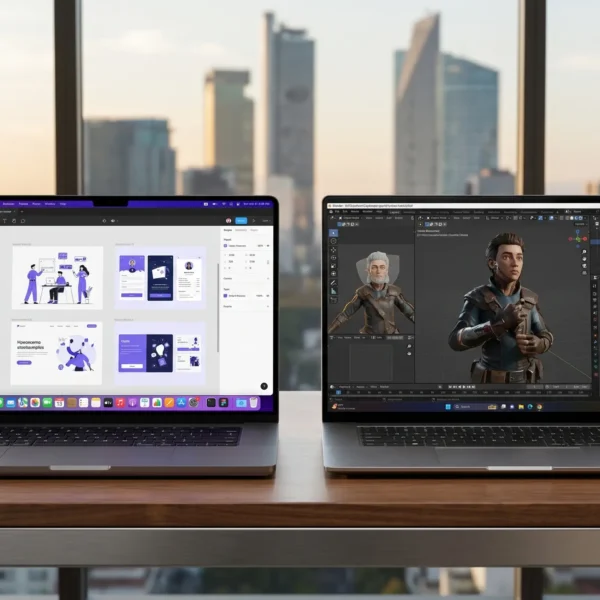 Laptops para diseño gráfico 2026: comparativa entre MacBook y Windows ejecutando software creativo en un escritorio profesional.