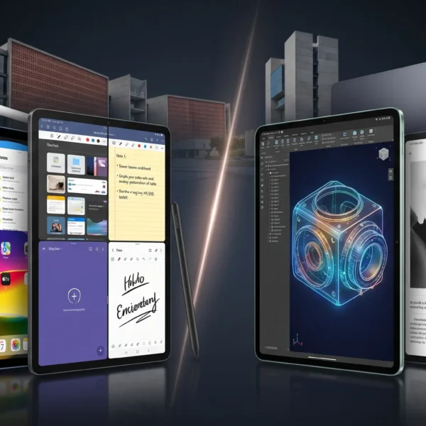 Comparativa de las 5 mejores tablets para estudiantes universitarios en 2026, mostrando pantallas con aplicaciones de estudio y diseño.