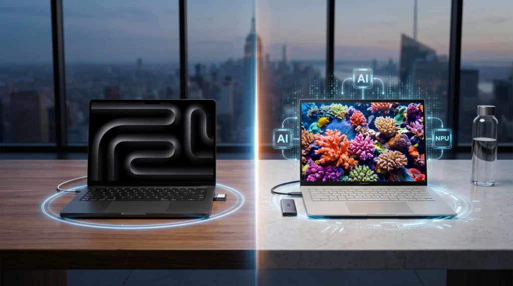 MacBook Pro M5 vs ASUS Zenbook S 16: comparativa visual de ultraportátiles destacando diseño, pantallas y tecnología de IA.