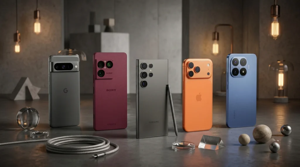 Una fila de cinco smartphones premium de alta gama (Google Pixel, Sony Xperia, Samsung Galaxy Ultra con S Pen, Apple iPhone, Xiaomi) dispuestos sobre una superficie de hormigón industrial con accesorios técnicos.