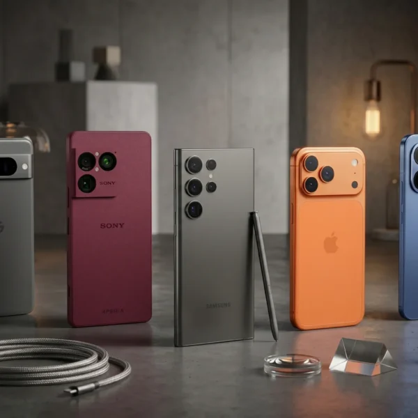 Una fila de cinco smartphones premium de alta gama (Google Pixel, Sony Xperia, Samsung Galaxy Ultra con S Pen, Apple iPhone, Xiaomi) dispuestos sobre una superficie de hormigón industrial con accesorios técnicos.