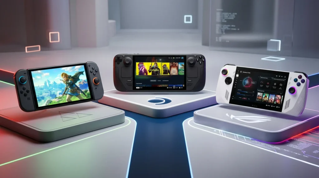 Comparativa visual de las tres principales consolas portátiles: Nintendo Switch, Valve Steam Deck y ASUS ROG Ally, en un entorno de alta tecnología con luces LED.