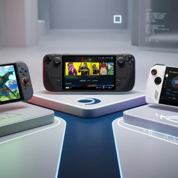 Comparativa visual de las tres principales consolas portátiles: Nintendo Switch, Valve Steam Deck y ASUS ROG Ally, en un entorno de alta tecnología con luces LED.