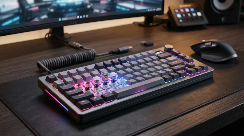 Teclado mecánico personalizable de formato 75% con iluminación RGB y switches transparentes visible en un setup de escritorio moderno.