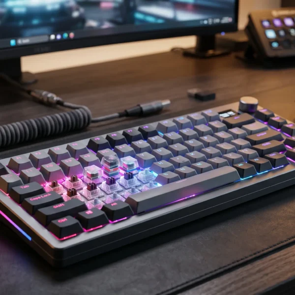 Teclado mecánico personalizable de formato 75% con iluminación RGB y switches transparentes visible en un setup de escritorio moderno.