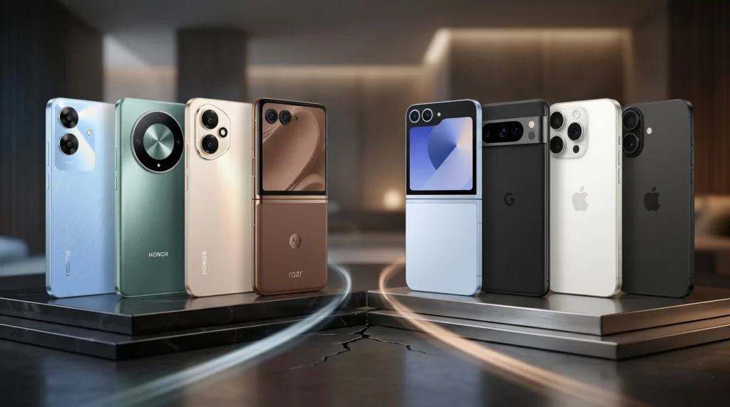Comparativa de los mejores smartphones reacondicionados en un entorno de lujo, incluyendo iPhone 17, Google Pixel 10 Pro, y Samsung Galaxy Z Flip6 en exposición.