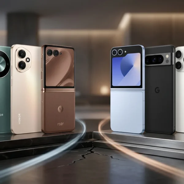 Comparativa de los mejores smartphones reacondicionados en un entorno de lujo, incluyendo iPhone 17, Google Pixel 10 Pro, y Samsung Galaxy Z Flip6 en exposición.