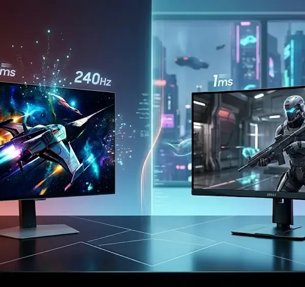 Un monitor gaming premium de 240Hz con escena espacial vibrante y 0.03ms de respuesta a la izquierda, comparado con un monitor competitivo de 180Hz y 1ms que muestra un soldado futurista a la derecha, en una portada de blog con estilo tecnológico y fondo de ciudad cyberpunk 2026.