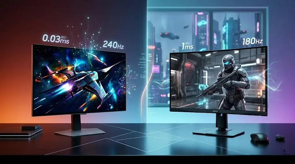 Un monitor gaming premium de 240Hz con escena espacial vibrante y 0.03ms de respuesta a la izquierda, comparado con un monitor competitivo de 180Hz y 1ms que muestra un soldado futurista a la derecha, en una portada de blog con estilo tecnológico y fondo de ciudad cyberpunk 2026.