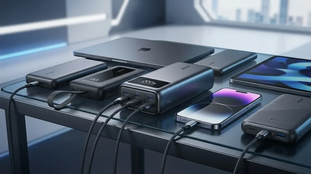 Selección de los mejores power banks de 2026 cargando una laptop, tablet y smartphone en un escritorio moderno. Guía de hardware de Rallynomics.