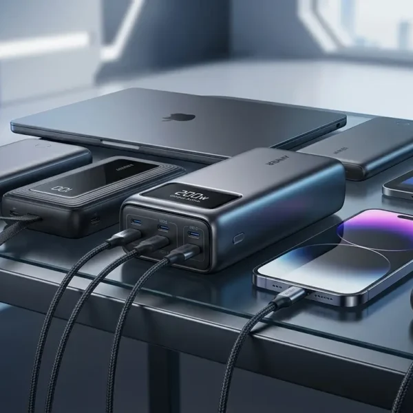 Selección de los mejores power banks de 2026 cargando una laptop, tablet y smartphone en un escritorio moderno. Guía de hardware de Rallynomics.