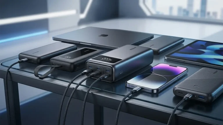 Selección de los mejores power banks de 2026 cargando una laptop, tablet y smartphone en un escritorio moderno. Guía de hardware de Rallynomics.