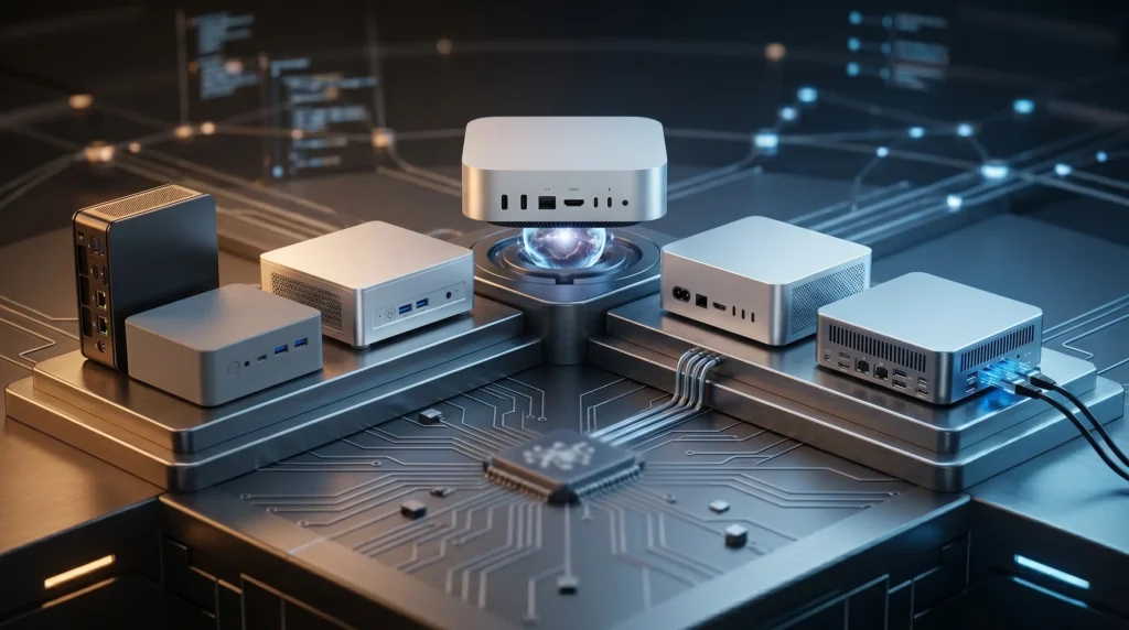 Comparativa de mini PC premium: Apple Mac mini contra Beelink, Geekom, GMKtec y Minisforum en un enfrentamiento tecnológico cinematográfico.