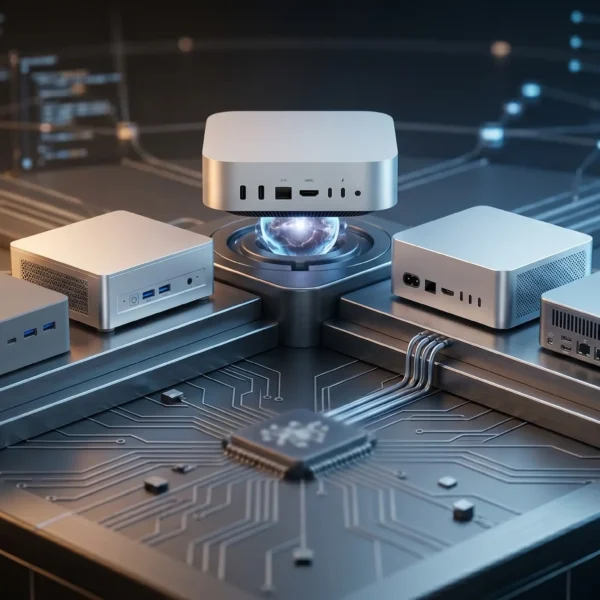 Comparativa de mini PC premium: Apple Mac mini contra Beelink, Geekom, GMKtec y Minisforum en un enfrentamiento tecnológico cinematográfico.