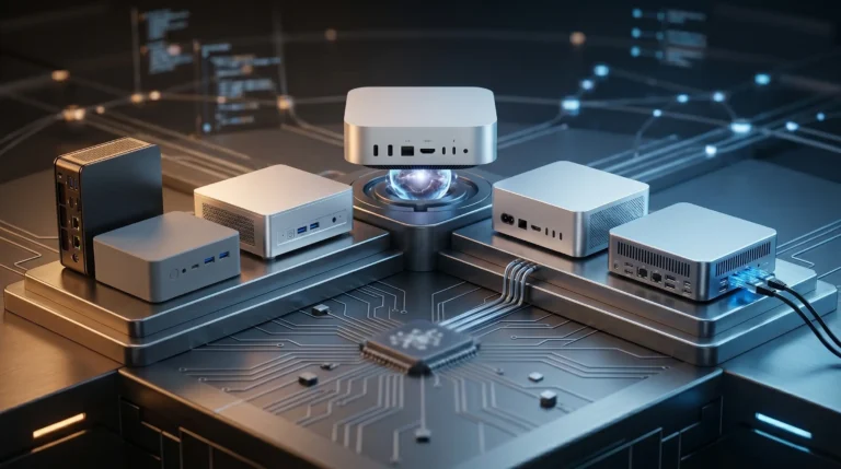Comparativa de mini PC premium: Apple Mac mini contra Beelink, Geekom, GMKtec y Minisforum en un enfrentamiento tecnológico cinematográfico.