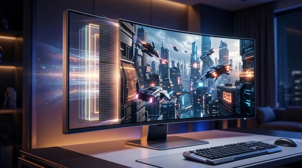 Monitor Gamer curvo ultra ancho premium en un escritorio moderno, mostrando una escena de juegos futurista y una vista explosionada de sus capas de panel interno reveladas con luz LED.