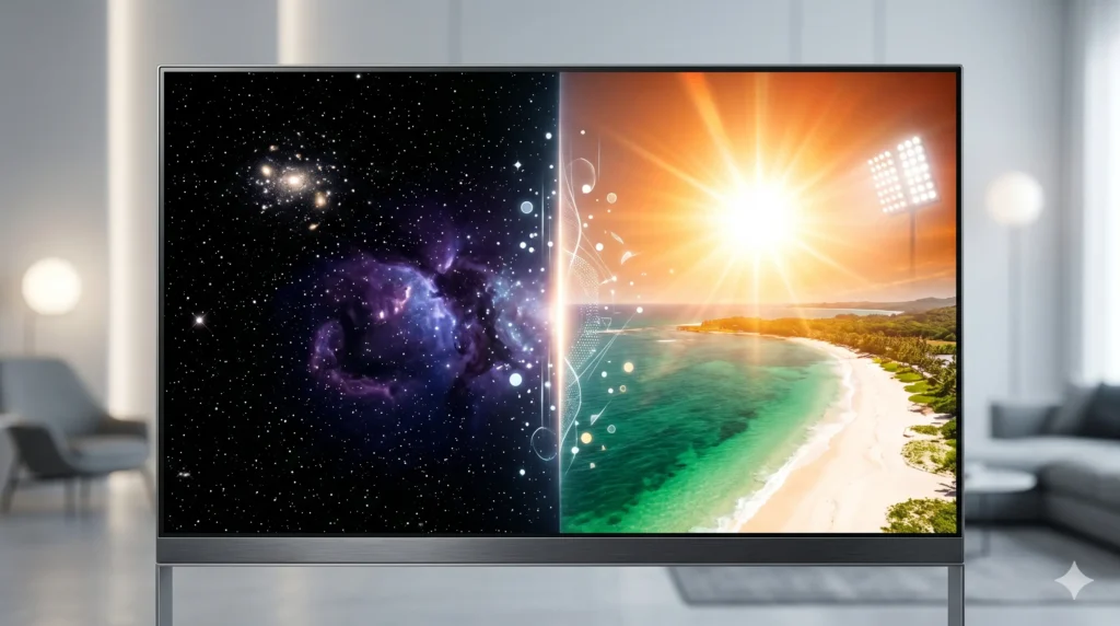 Moderno televisor en sala de estar que muestra un contraste de pantalla con un cielo espacial oscuro a la izquierda y una playa soleada y brillante a la derecha.
