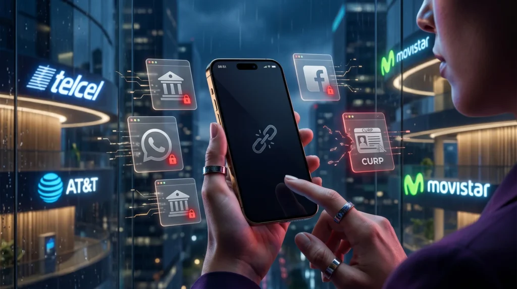 Celular mostrando el bloqueo de aplicaciones y verificación por falta de registro de línea con CURP, con logos de Telcel, AT&T y Movistar de fondo.